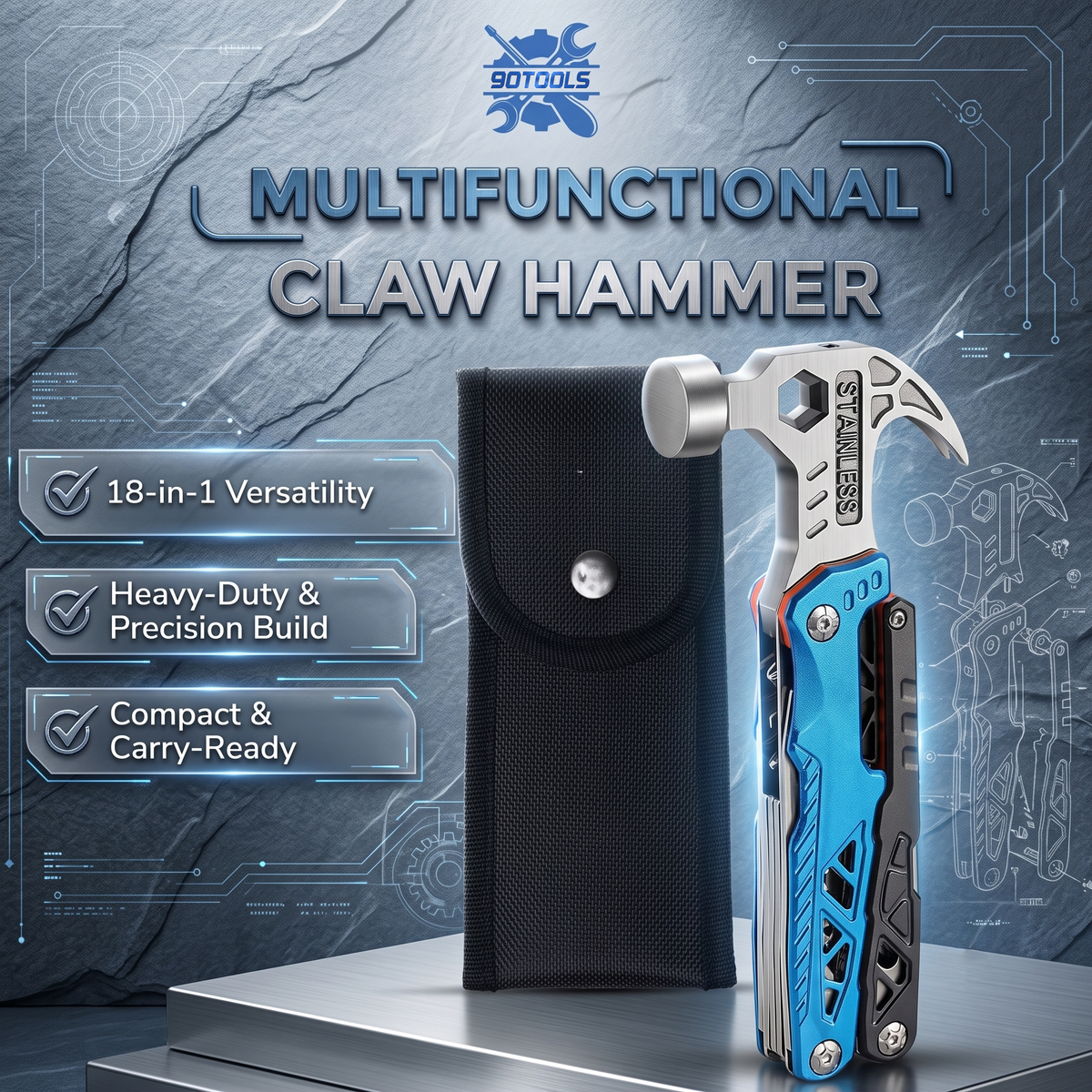 90Tools 18-in-1 Multifunctional Claw Hammer