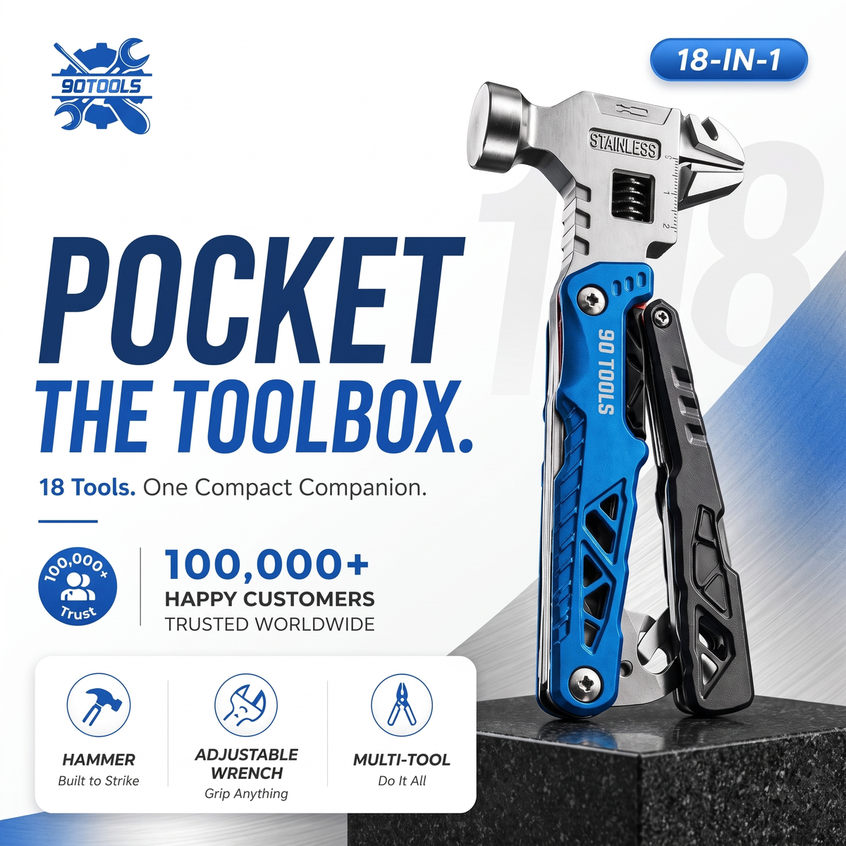 90Tools 18-in-1 Multifunctional Wrench Hammer